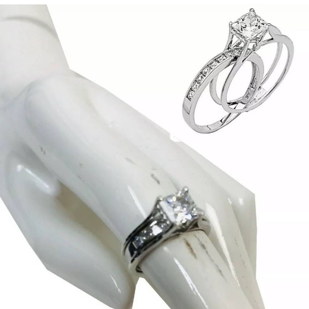 Solid 14k White Gold Bridal Set Princess Cut Solitaire Engagement Wedding Ring